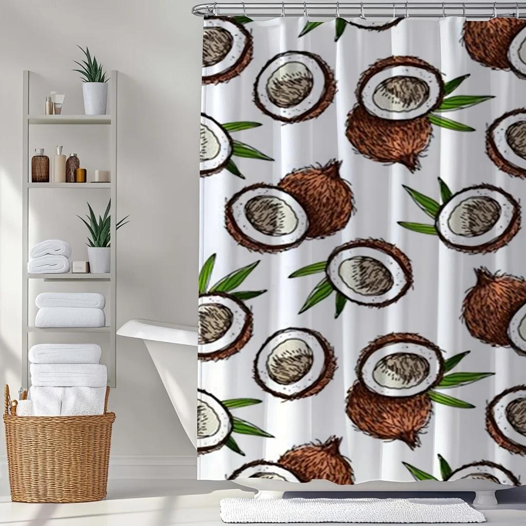 1 Piece Coconut Shell Print Shower Curtain Set - Double-Sided Polyester Fabric with Hooks, Tropical Art Theme, Polyester Fabric W90xH180cm