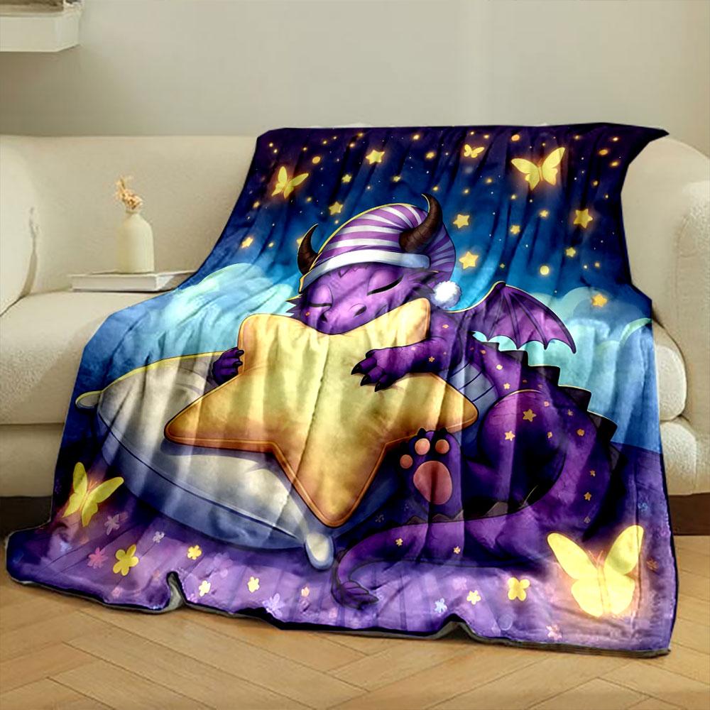 Funny Purple Baby Dragon Sleeping Theme Printed Blanket Bedroom Living Room Sofa Nap Office Camping Shawl Blanket Luxury Gifts