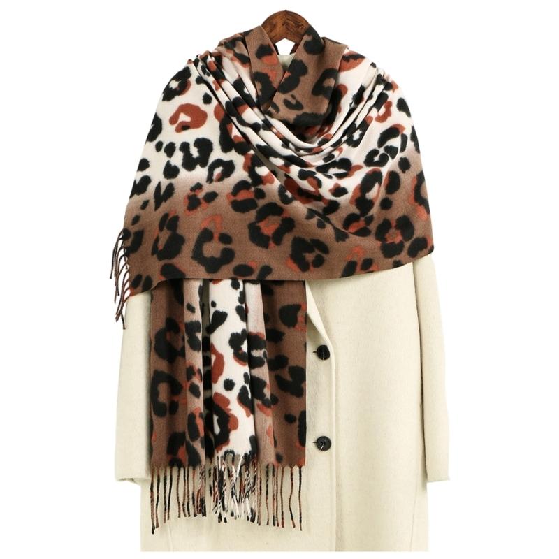 Leopard Print Fringe Cashmere Scarf Shawl For Women Soft Warm Winter Fashion Accessory Lightweight Warm Wrap