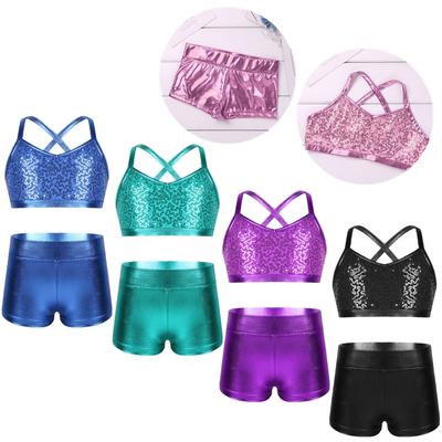 Set di canotta con paillettes lucide e pantaloni per bambine, per danza classica, ginnastica