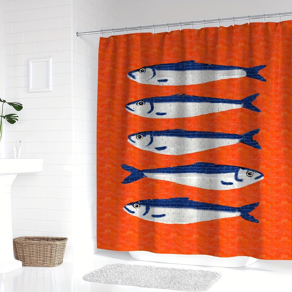 Lebhaftes Orange & Blau 1 Stück Hochwertiger Polyester-Duschvorhang Mit 3 Cartoon-Fisch-Design | Maschinenwaschbar