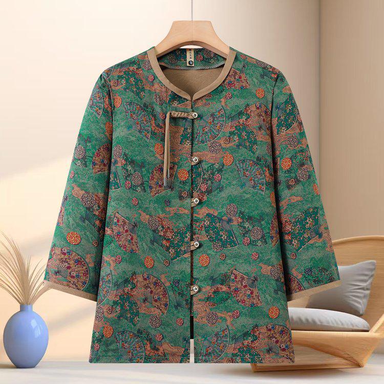 

Retro Chinese-Style Seven-Sleeve Tang Suit Shirt for Middle-Aged & Elderly Women 4XL (suggested 135-150 jin) зелёный