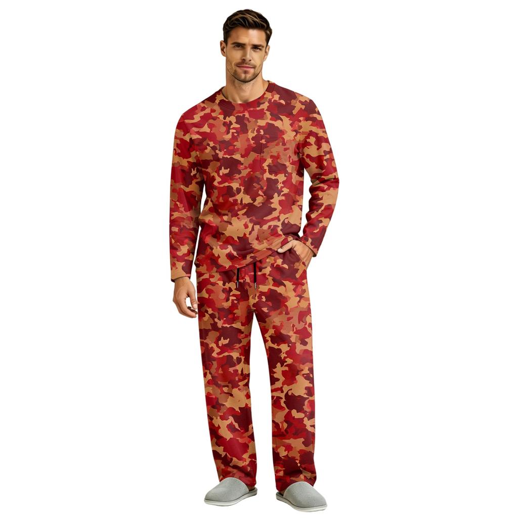 Men's Long Sleeve Pajama Set with Button Crotch and Elastic Drawstring Waist Pants for Home Loungewear