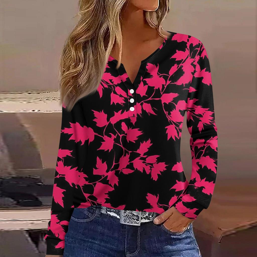 Dámské tričko Tričko Knoflíček Dlouhý rukáv Denní víkendová móda Basic Top s výstřihem do V