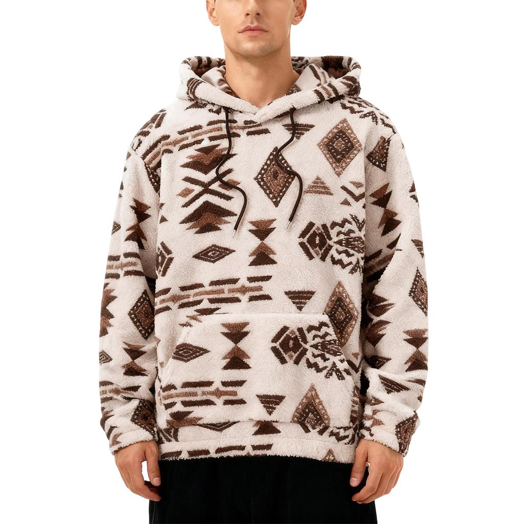 Men's Hoodies Ethnic Style Contrast Binding  Pocket Loose Pullover Fuzzy Hoodie
