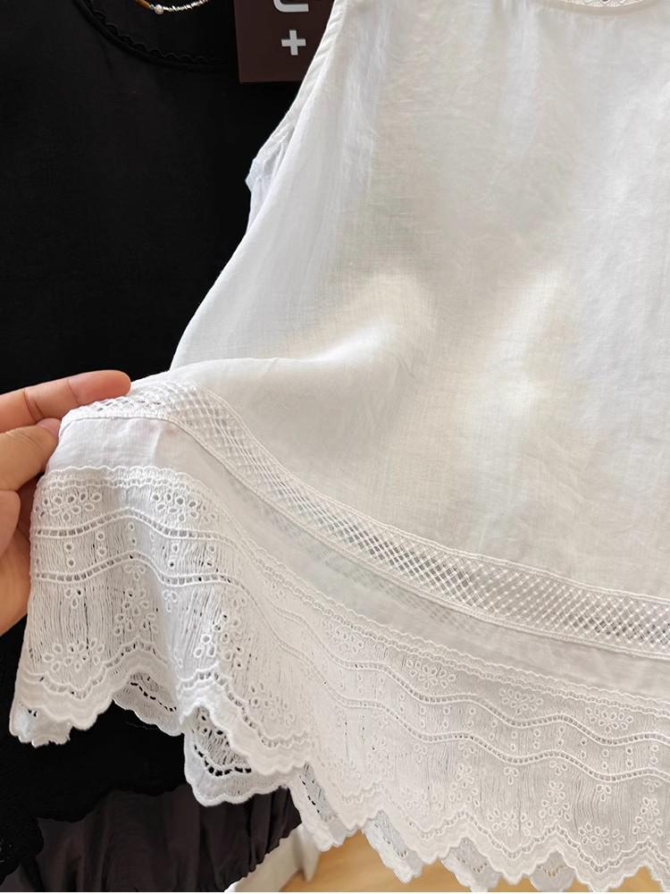 Lace Trim Ramie Cotton Round Neck Sleeveless Cardigan 