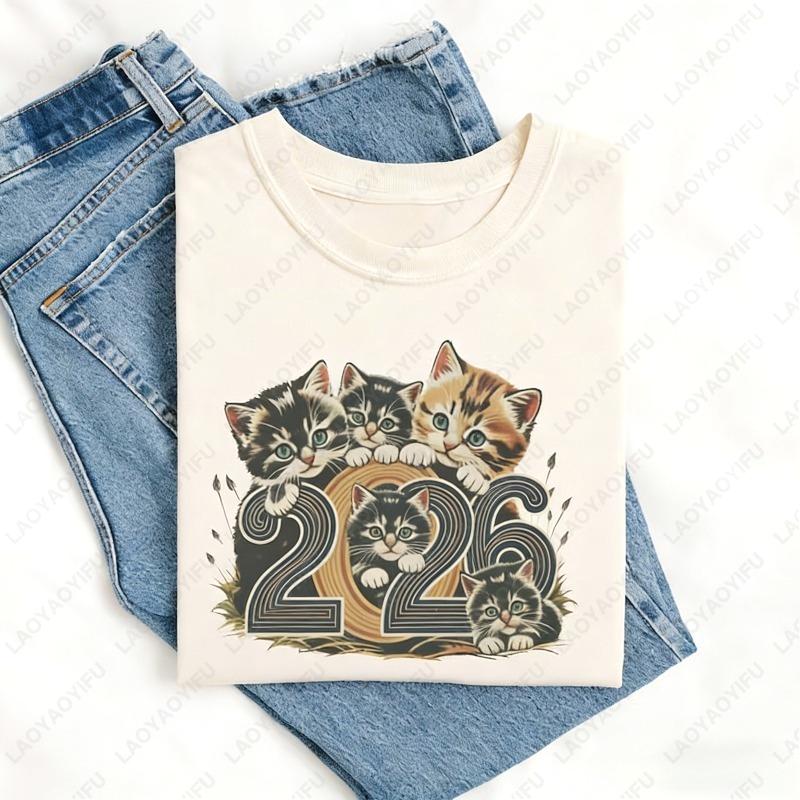 2026 Kitten New Year TShirt Retro NYE Party Cute Graphic Holiday Celebration Lovely Unisex Cotton Shirt Cat Lovers Woman Shirt
