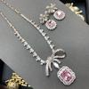 Light Luxury Redeen Cut Pink Zirconium Bow Necklace Women'S, Stylish Pink Full Diamond Jewel Stud Earrings Two-Piece Set