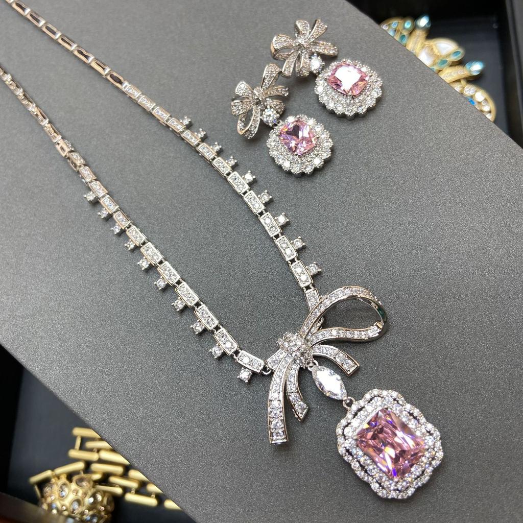Light Luxury Redeen Cut Pink Zirconium Bow Necklace Women'S, Stylish Pink Full Diamond Jewel Stud Earrings Two-Piece Set