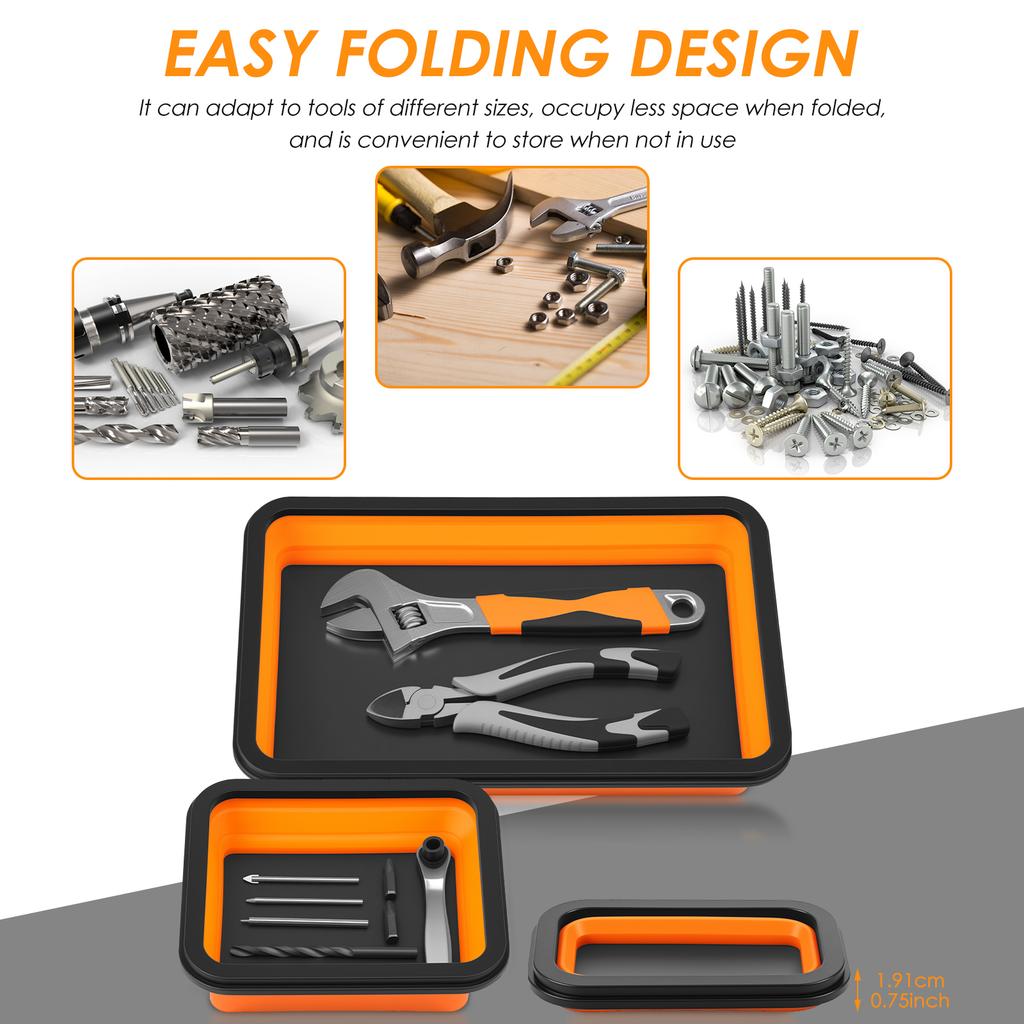 Collapsible Magnetic Parts Tray Set 3 Different Size Tool Silicone Trays for Screw, Bolts, Nuts, Washers, Pins and Other Parts