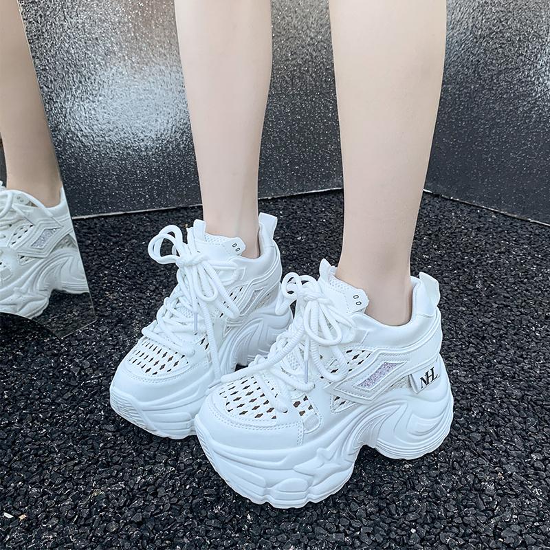9CM New Spring Women Hollow Sneakers 2025 Summer Casual Vulcanized Shoes High Platform Breathable Mesh Sneakers Female Dad Shoes