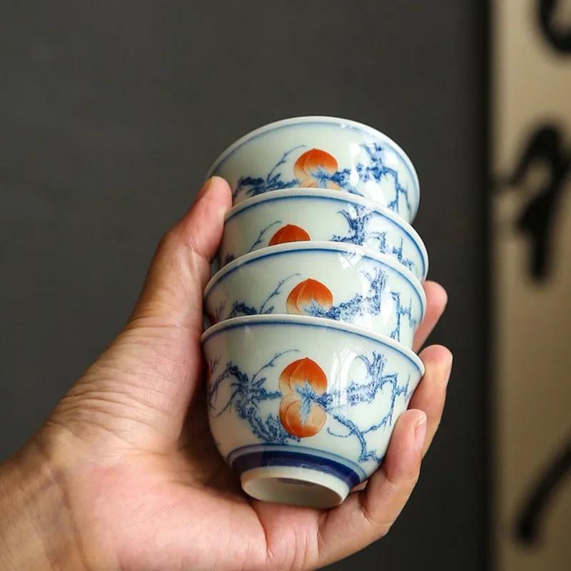 1 Pc Chinese Tradition Handmade Ceramic Tea Cup Exquisite Hand Painted Peach Pattern Tea Bowl Tea Set Porcelain Teacup 70ml