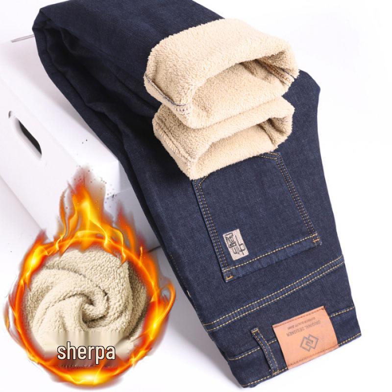 Men's Lambswool Fleece-Lined Winter Jeans - Warm, Loose, Straight-Leg Casual Pants
