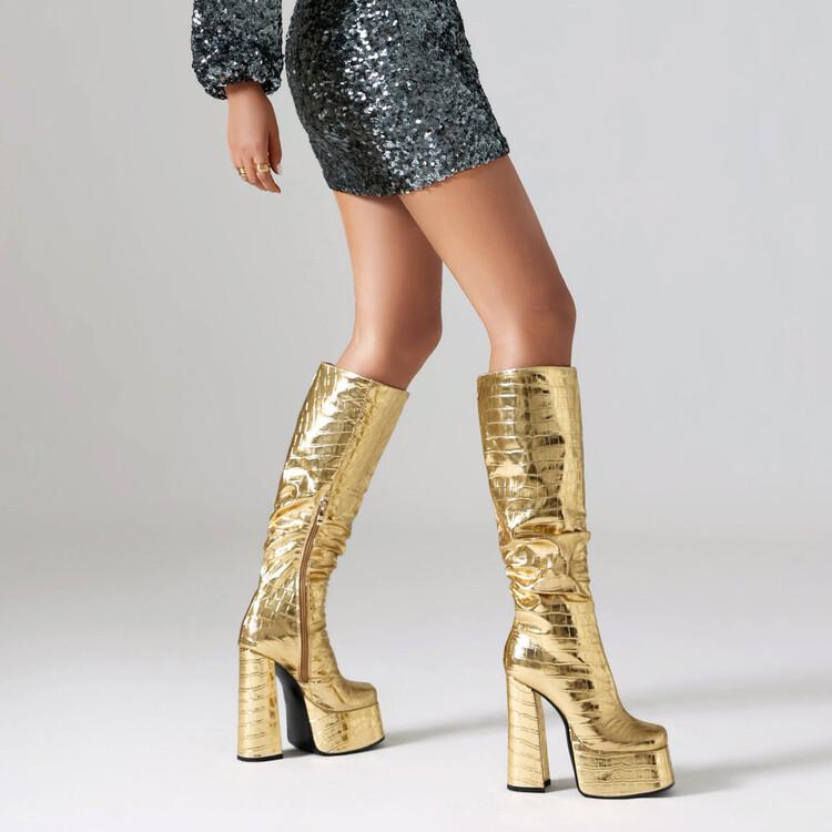 

Жіночі чоботи до коліна - Ботфорти на високих підборах на товстій підошві для верхової їзди, Чоботи-стрейч на масивних підборах, Взуття на високих підборах 37 золотий