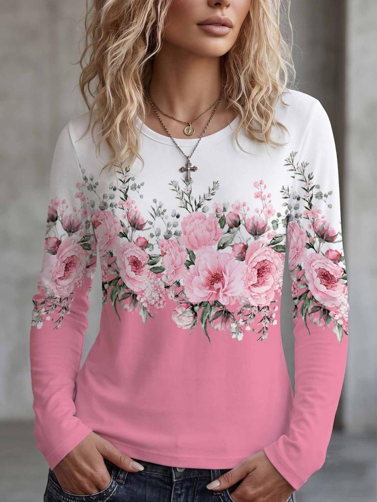 Women's T-Shirt Floral Graphic Plants Retro Long Sleeve O-Neck Pullover Regular Tops Daily 3D Print Autumn Tees Female Clothing