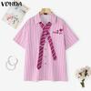 VONDA Women Tie Up Short Sleeve College Style Striped Oversized Casual Shirts