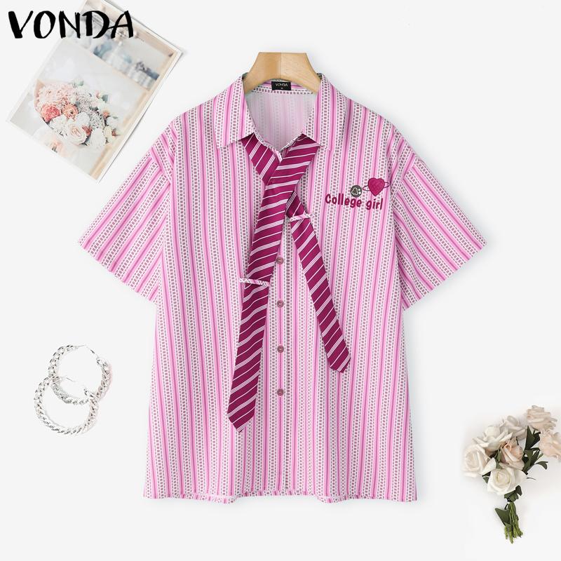 VONDA Women Tie Up Short Sleeve College Style Striped Oversized Casual Shirts