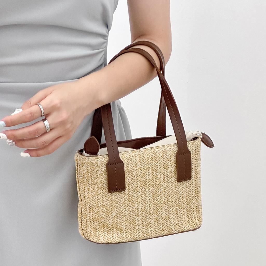 Korean Version of Ins Woven Bag for Women Summer New Casual Vacation Beach Bag Hand-held Shoulder Crossbody Straw Woven Bag