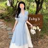 Summer French Women's Fake Two-Piece Shirt Dress V Neck Waist Slim Long Elegant Literary Dress