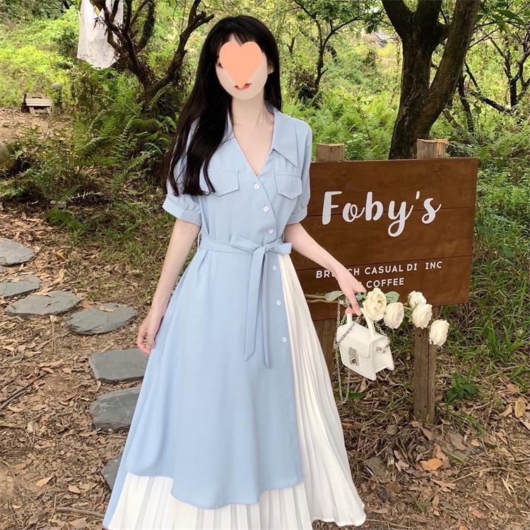 Summer French Women's Fake Two-Piece Shirt Dress V Neck Waist Slim Long Elegant Literary Dress