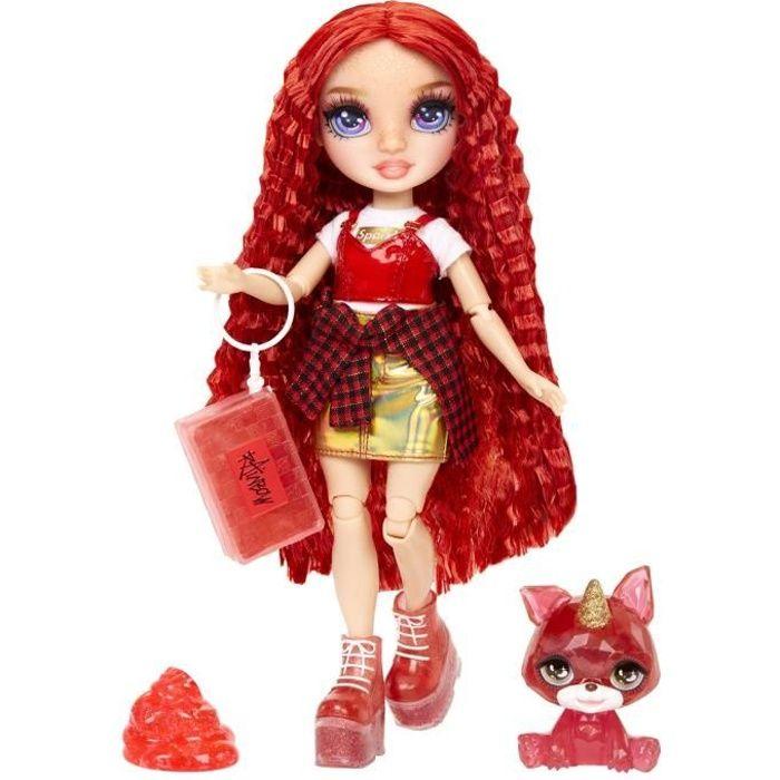Rainbow high poupée mannequin avec kit de slime et animal de compagnie - ruby (rouge) - poupée pailletée 28 cm avec kit de slime