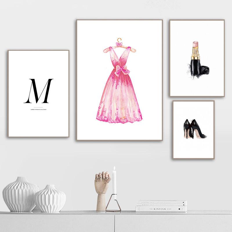 Mode Kunst Poster Rosa Kleid High Heels Mädchen Leinwand Druck Wand Malerei Schönheit Salon Mädchen Zimmer Dekoration Kreative Bild
