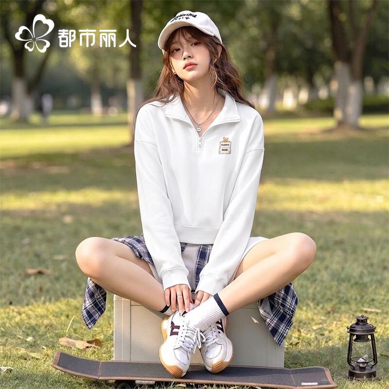 Women's Half-Zip Polo Hoodie with Bear Pocket Patch