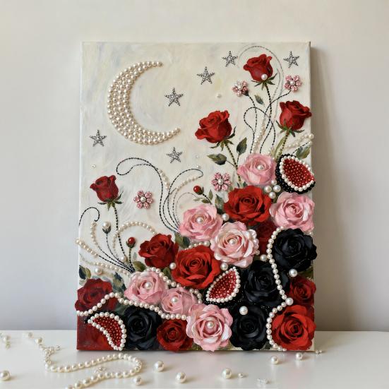Faux Pearl Painting DIY Kit Easy Intuitive Craft Flower Pattern Painting with Pre-Printed Canvas
