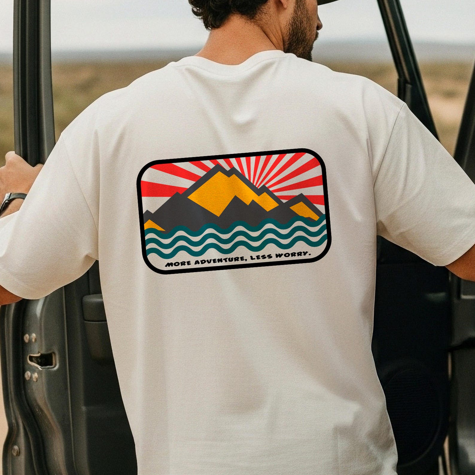 More Adventure Less Worry Shirt, Mountain Sunset T-Shirt, Retro Outdoor Graphic Tee, Hiking Wave Badge Shirt, Adventure Quote Tee,Unisex Tee L