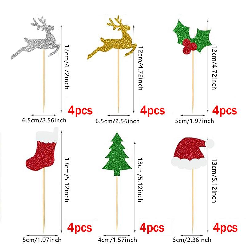

24 шт. Топперы для кексов на рождественскую тематику, золотистого и серебристого цвета, в виде лося и елки, украшения для торта, декор для десерта на новогоднюю вечеринку other