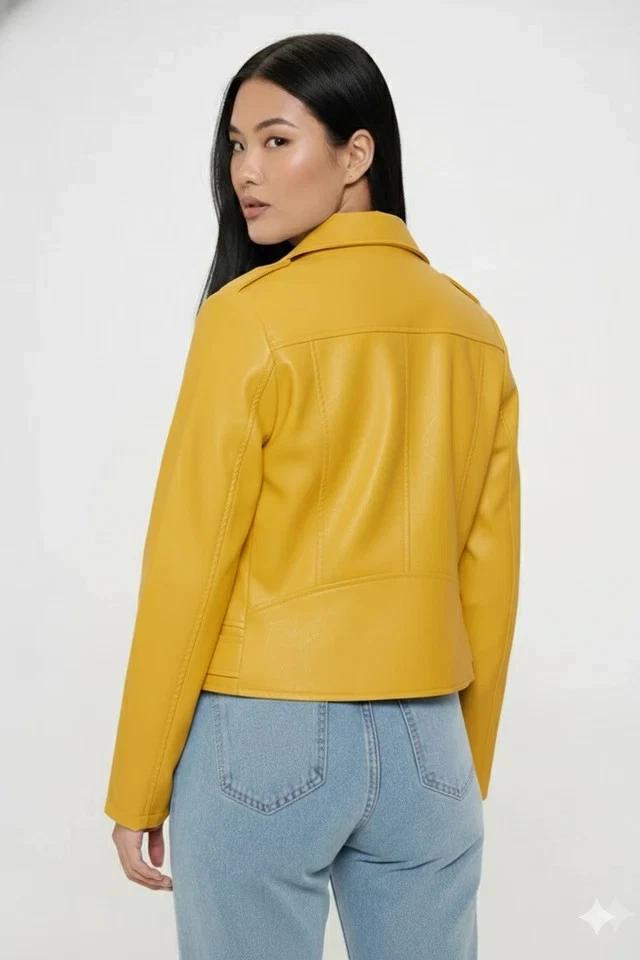 Women's Genuine Party Wear Stylish Leather Lambskin Jacket Handmade Yellow Casual