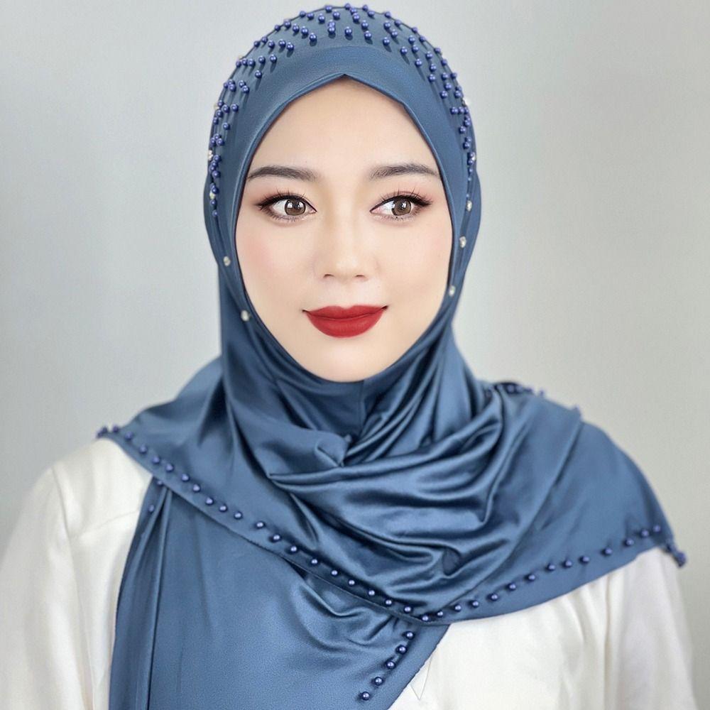 Comfortable Beaded Muslim Hijab Solid Color Full Cover Turkish Head Wrap Scarf Arabic Hijab Hat