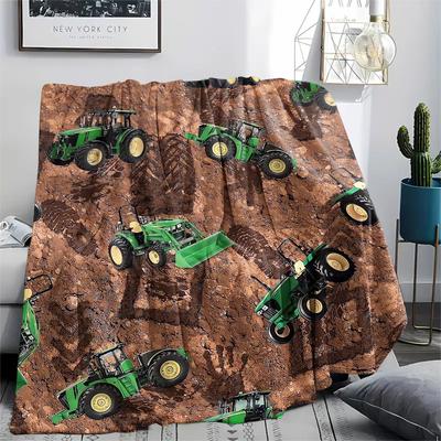 1Pc John Green Tractor Print Flannel Blanket, High Quality Comfortable for All Seasons, Home Decor, Warmth and Comfort, Perfect for Christmas Gifts
