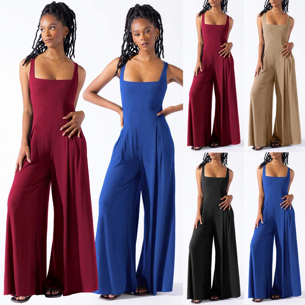 

Women Fashion Casual Elegant Loose Sleeveless Pleat Straight Overalls Playsuits Long Jumpsuit