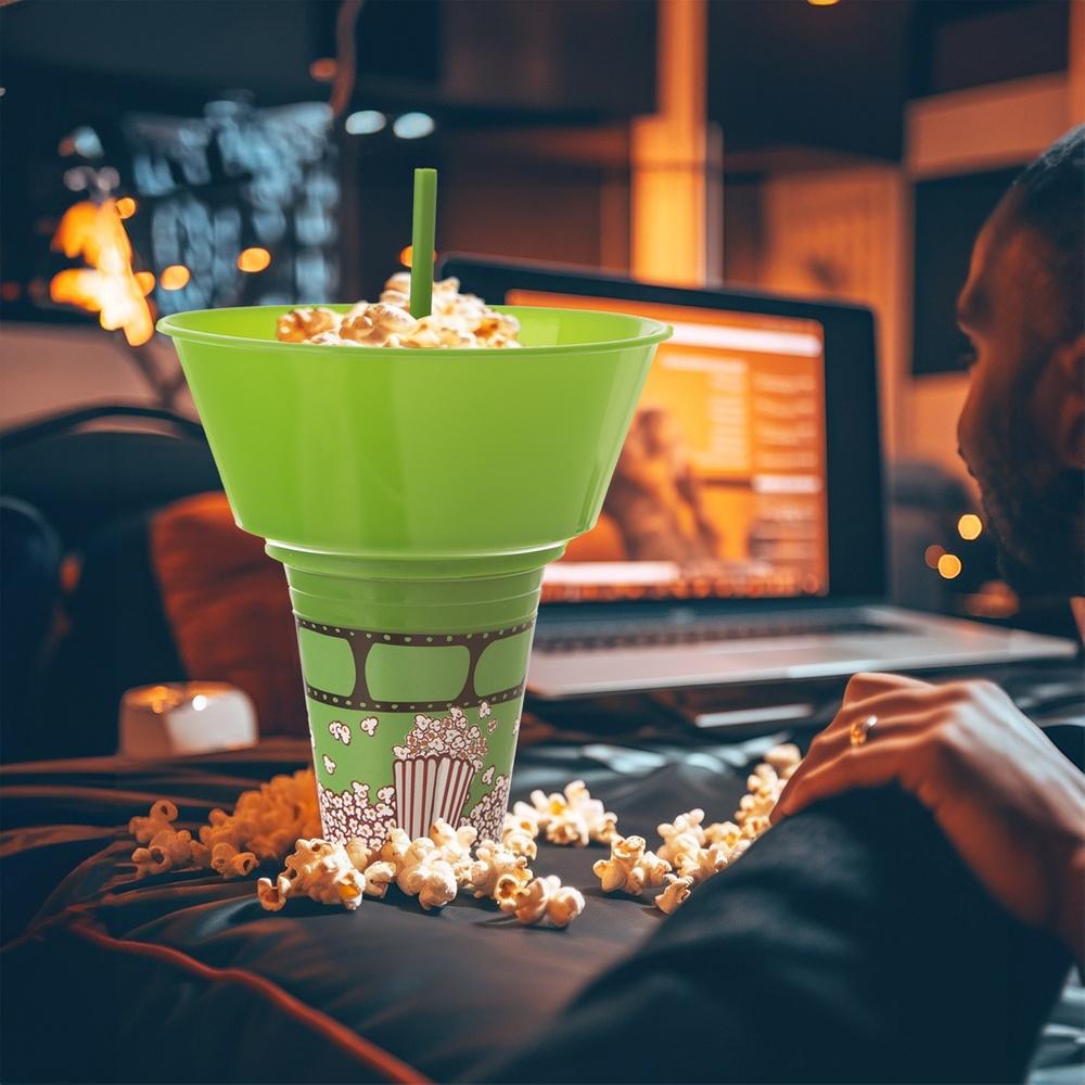 Miska Na Popcorn Pojemnik + Kubek Na Napoje Do Napojów Ze Słomką 2W1