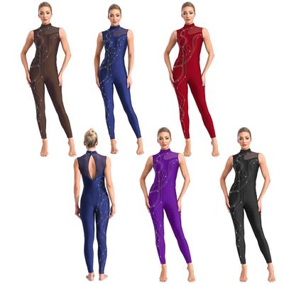 Kadın Tek Parça Jimnastik Unitardı Parlak Rhinestone Tulum Şeffaf File Patchwork Bodysuit