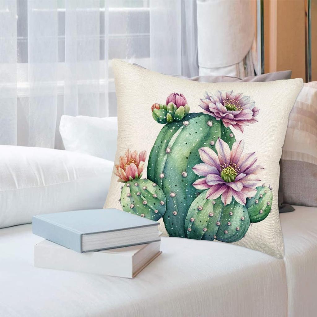 Succulent Cactus Floral Pillow Covers 22 X 22 Inch Set of 4 Tropical Green Plants Flower Summer Decorative Throw Pillow Case Cotton Linen Square