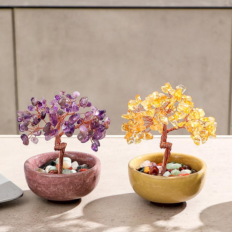 Yellow & Purple Crystal Gravel Fortune Tree Tabletop Ornament for Wealth and Home Decor