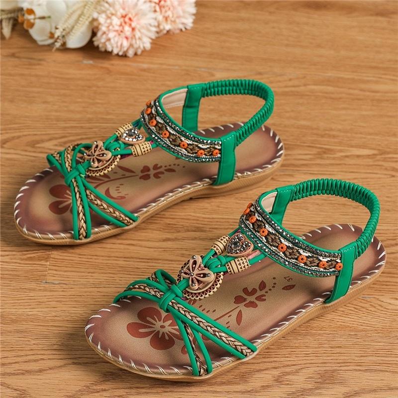 Bohemian Style Large Size Flat Bottomed Flower Rhinestone Sandals Open Toed Outer Wear Beach Sandals