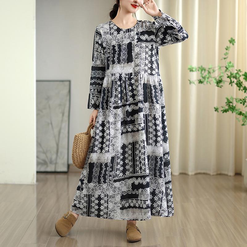 DIMANAF New 2025 Women Plus Size Spring Long Dress Loose Basic Vintage Oversize Long Sleeve Maxi Floral