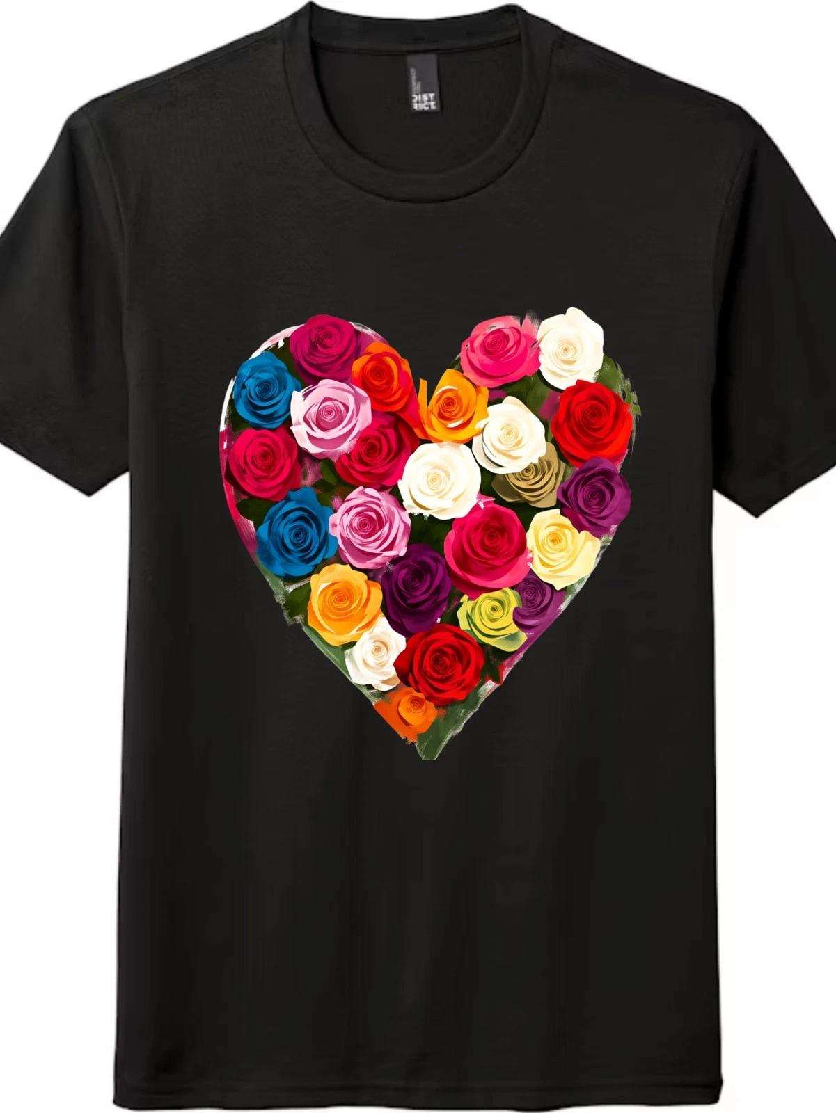 Valentine s Day Colorful Rose Heart Graphic Shirt|Floral Love Unisex Casual Tee 2XL