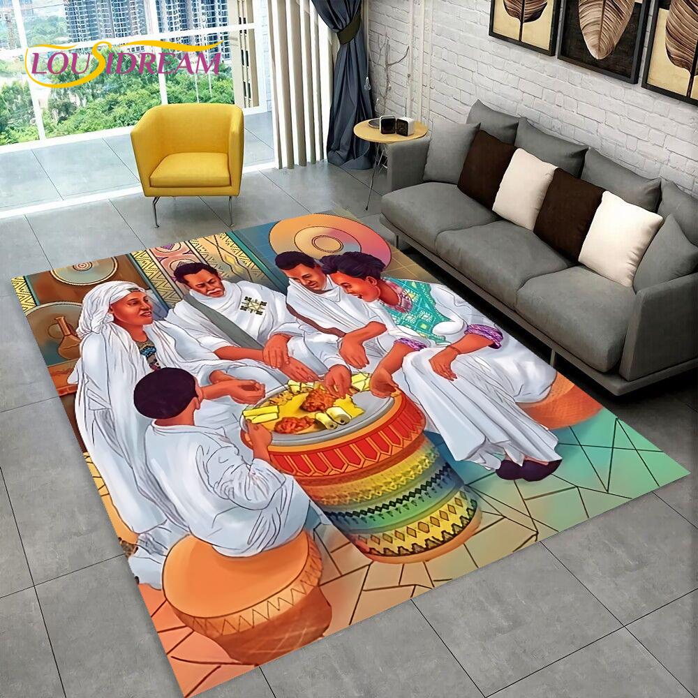 3D Africa Ethiopian Painting Art Custom Cartoon Area Rug Large,Carpet for Home Living Room Sofa Doormat Decor,Non-slip Floor Mat