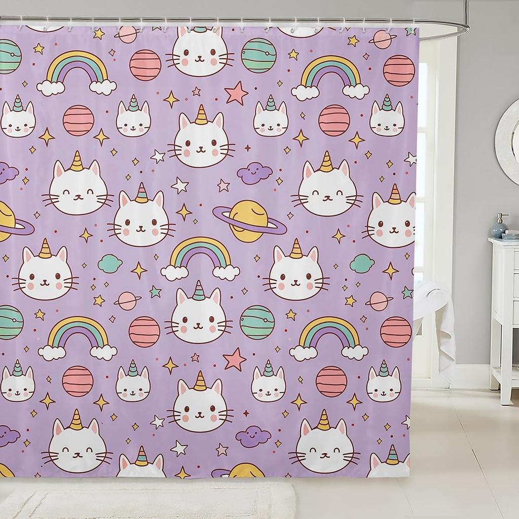 Cute Cat Shower Curtain Japanese Anime Style Bathroom Curtain Pink Cartoon Anime Bathroom Accessories For Kids Adults