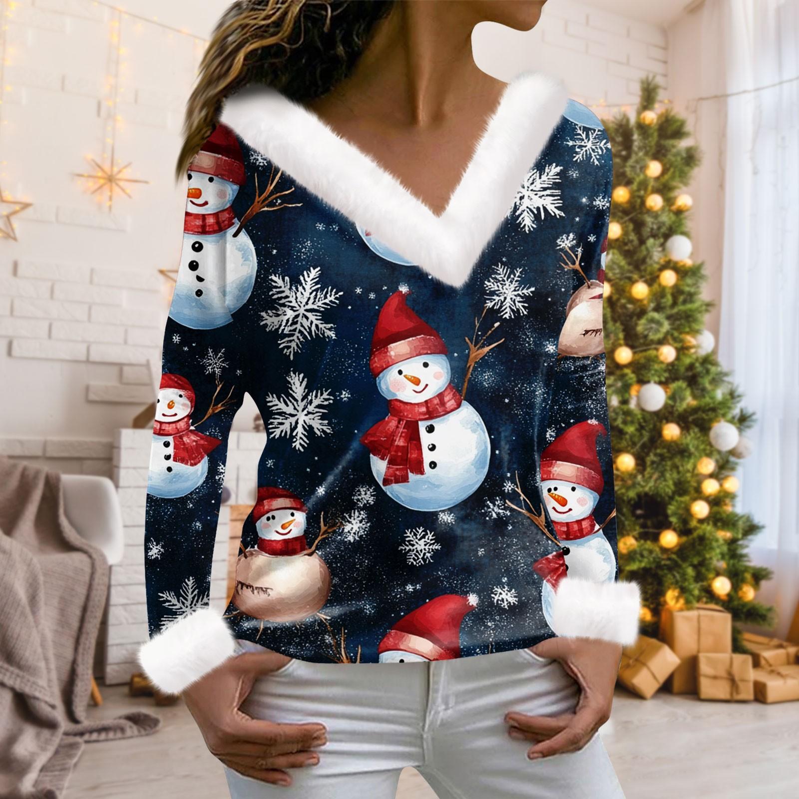 

Женская мода с длинным рукавом и рождественским принтом для вечеринок, плюшевый повседневный топ с V-образным вырезом S