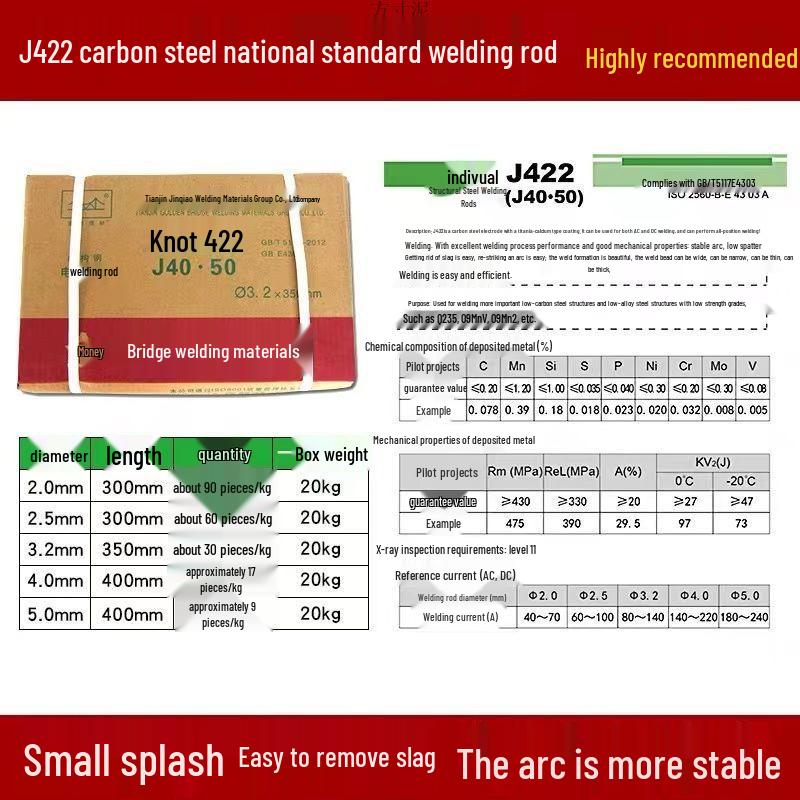 J422 Jinqiao Svetstråd 2,5/3,2/4,0 mm - Låga stänk, Lätt slaggborttagning, Kolstål, 1 kg