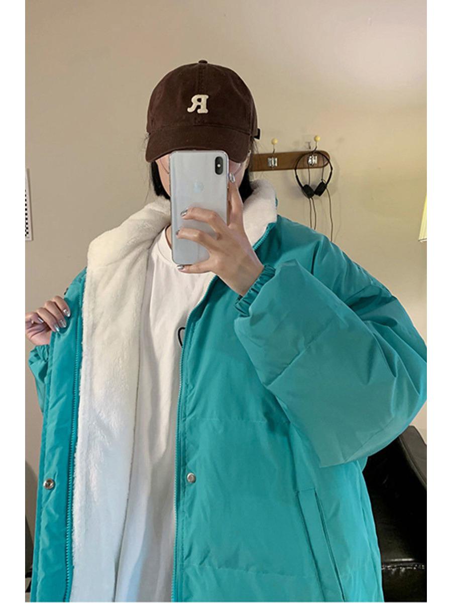

2025 Korean Style Stand Collar Lambswool Down Jacket - Loose, Slimming, Thick, Warm Autumn/Winter Outerwear L зелений