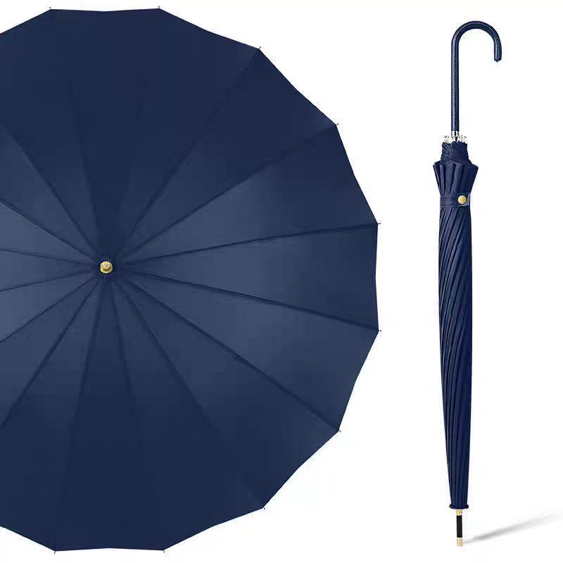 16-Rib Japanese Style Solid Color Umbrella - Automatic Open with Curved Handle, Sun Protection