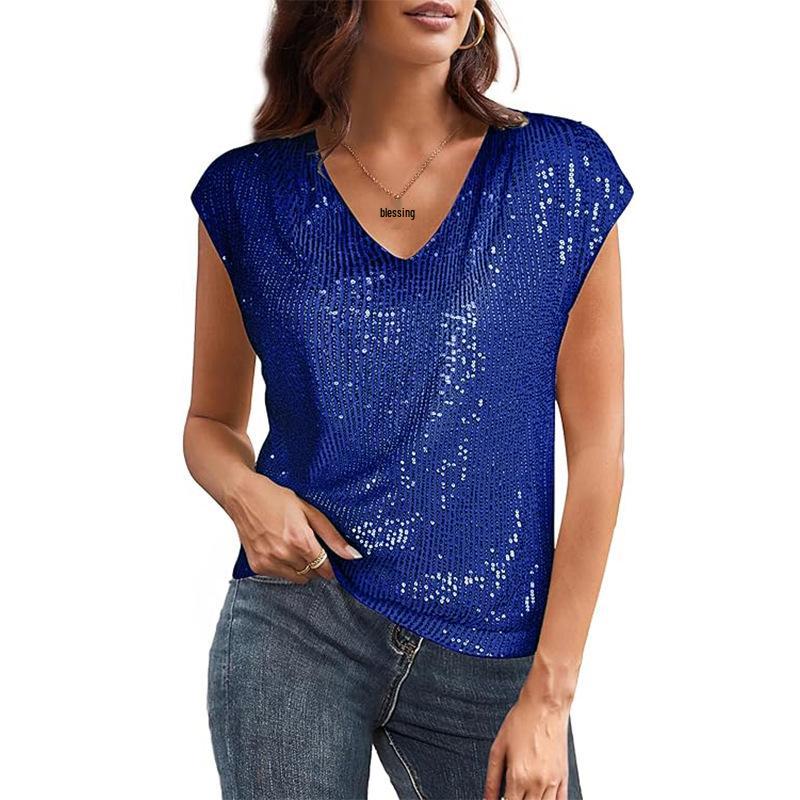Sommer Damen Sexy V-Ausschnitt Pailletten Glanz Party Weste T-Shirt