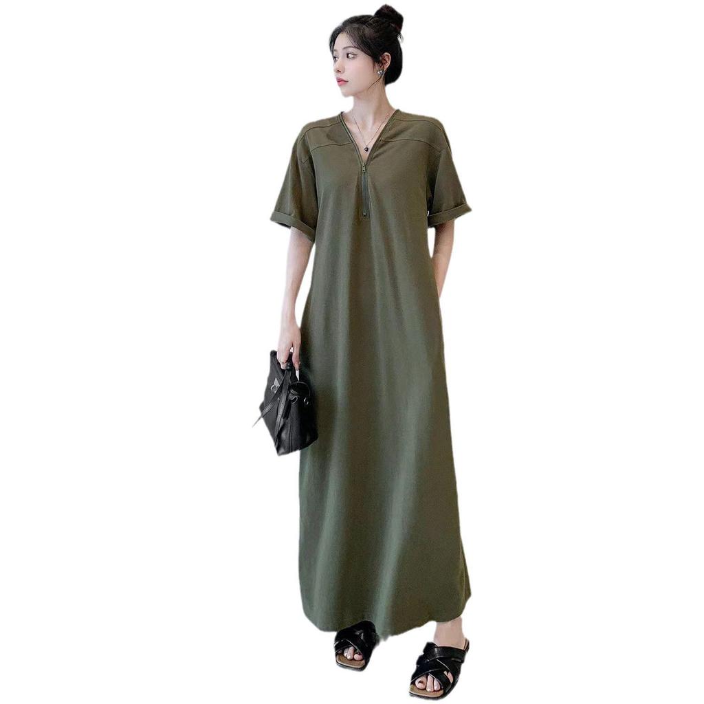 Retro Hepburn Style Plus Size Zipper Dress - Solid Color, Loose Fit Long Dress for Women