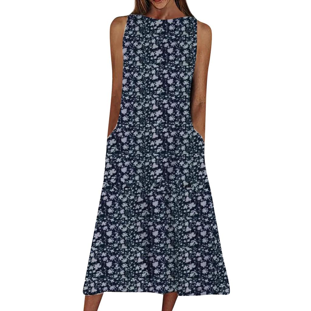 Women Summer Pockets Print Plus Size Loose Sleeveless Tank Dress